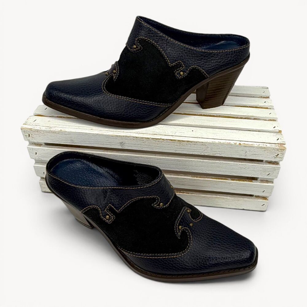 Womens Navy Blue Suede Western Mule Heels Pointed Toe Slip On Shoes Size 6